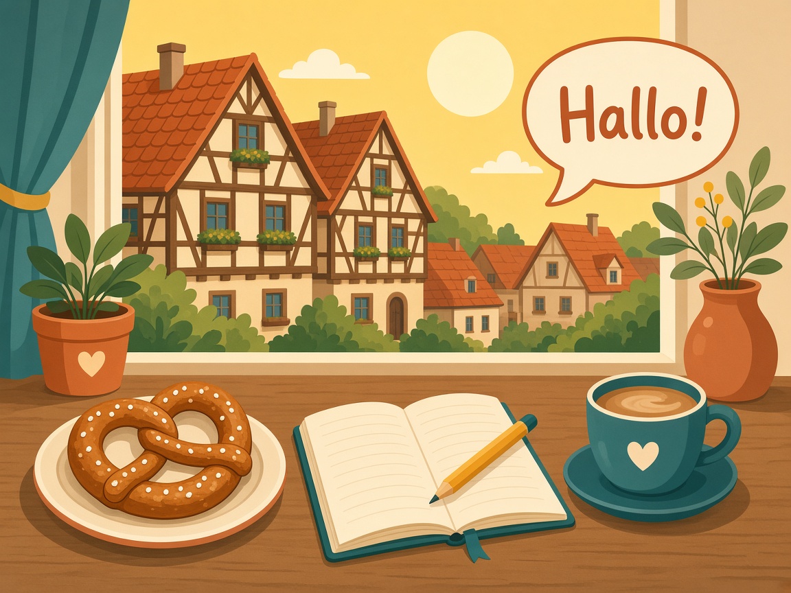 Illustration: Fachwerkhäuser, Brezel und Kaffee