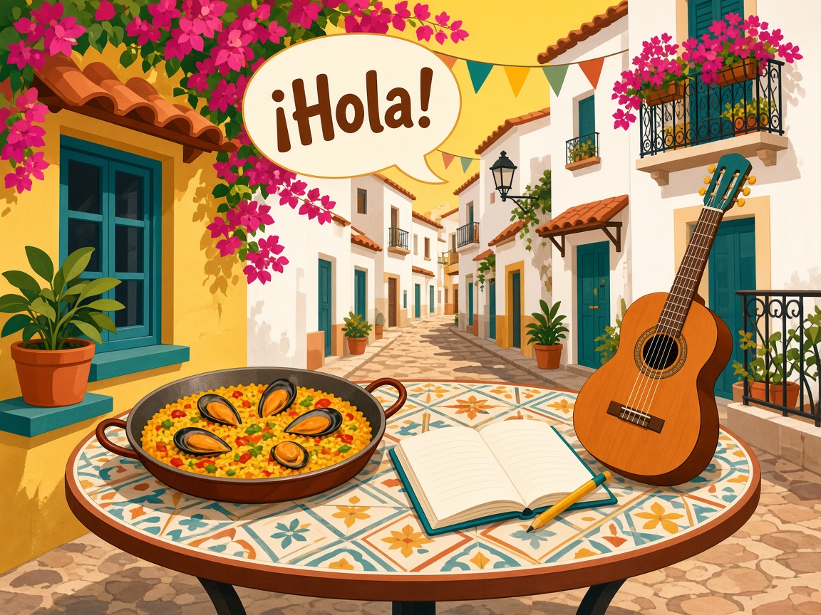 Illustration: spanische Gasse mit Café-Tisch