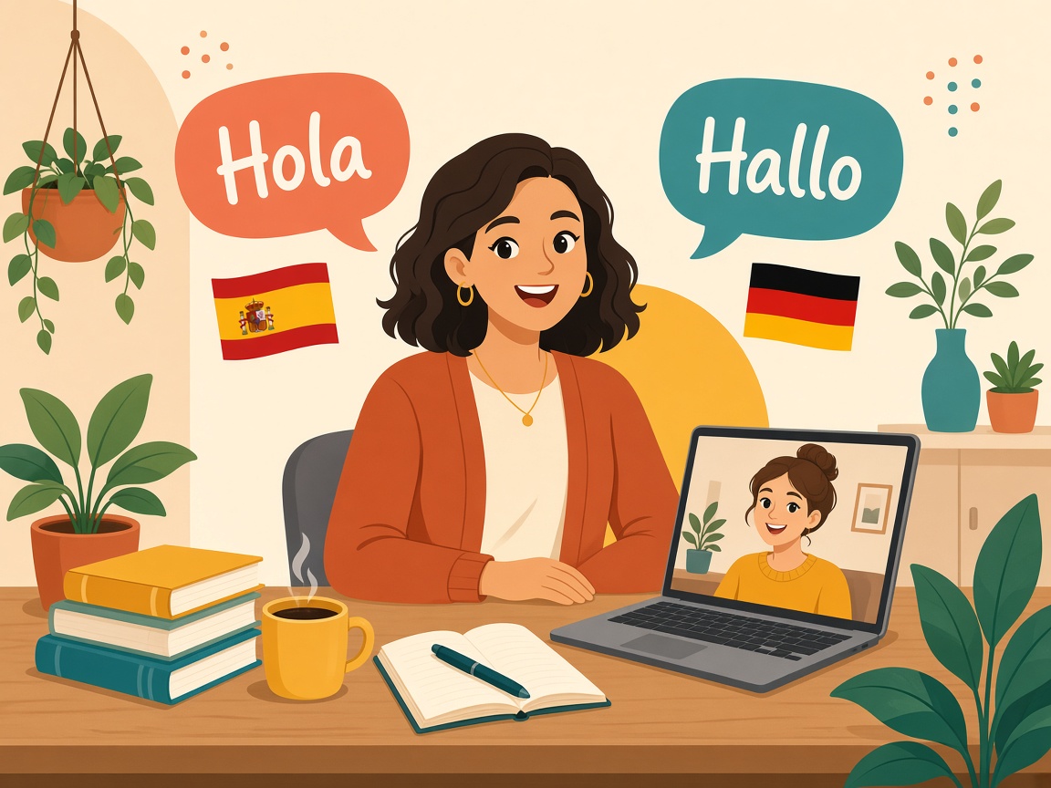 Illustration: María unterrichtet Spanisch und Deutsch per Videoanruf